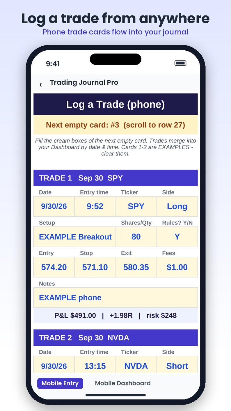 Op de afbeelding: Een smartphonescherm met de interface van de Trading Journal Pro-app. Het scherm toont een Log a Trade-formulier met velden voor datum, instaptijd, ticker, zijde, setup, aantal aandelen, regels en P&L-gegevens voor SPY en NVDA.