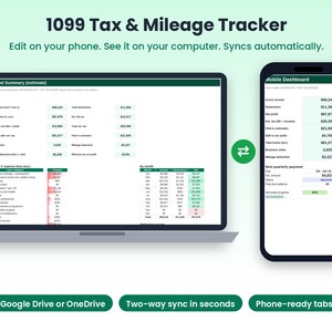 1099 Tax Tracker Spreadsheet, Mileage Log, Self Employed Quarterly Tax Estimator, Schedule C Expense Tracker, Rideshare, Phone Sync image 2