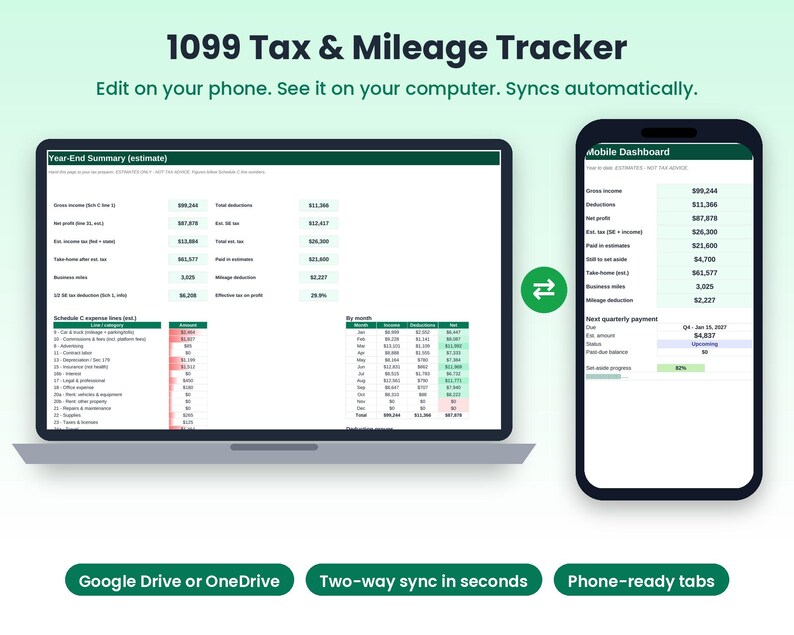 1099 Tax Tracker Spreadsheet, Mileage Log, Self Employed Quarterly Tax Estimator, Schedule C Expense Tracker, Rideshare, Phone Sync image 2