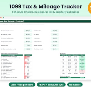 1099 Tax Tracker Spreadsheet, Mileage Log, Self Employed Quarterly Tax Estimator, Schedule C Expense Tracker, Rideshare, Phone Sync image 1