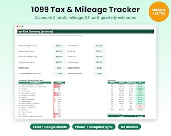 1099 Tax Tracker Spreadsheet, Mileage Log, Self Employed Quarterly Tax Estimator, Schedule C Expense Tracker, Rideshare, Phone Sync