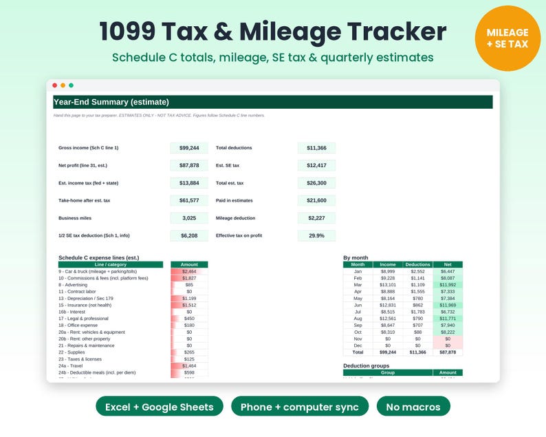 1099 Tax Tracker Spreadsheet, Mileage Log, Self Employed Quarterly Tax Estimator, Schedule C Expense Tracker, Rideshare, Phone Sync image 1