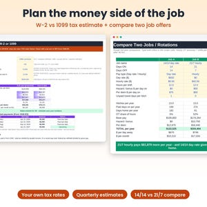 May include: A digital spreadsheet interface titled Plan the money side of the job, featuring a Tax Estimate W-2 or 1099 section and a Compare Two Jobs or Rotations table with columns for Job A, Job B, and the difference between them.