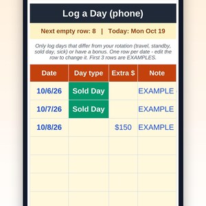 May include: A mobile app interface titled Hitch & Per Diem Tracker displaying a spreadsheet for logging daily work data. The screen features columns for Date, Day type, Extra $, and Note, with example entries populated in a light yellow grid.