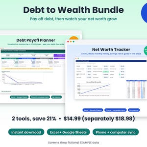Pacote "Da Dívida à Riqueza", Planejador de Quitação de Dívidas e Planilha de Acompanhamento de Patrimônio Líquido, Método Bola de Neve vs. Método Avalanche, Metas de Poupança, Excel e Planilhas Google
