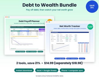 Debt to Wealth Bundle, Debt Payoff Planner & Net Worth Tracker Spreadsheet, Snowball vs Avalanche, Savings Goals, Excel and Google Sheets