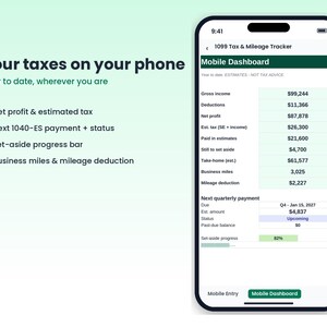 1099 Tax Tracker Spreadsheet, Mileage Log, Self Employed Quarterly Tax Estimator, Schedule C Expense Tracker, Rideshare, Phone Sync image 5