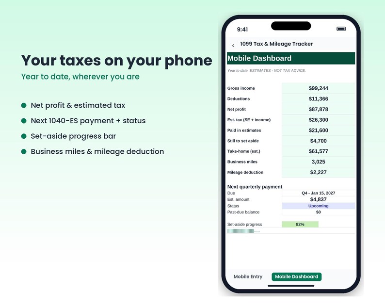1099 Tax Tracker Spreadsheet, Mileage Log, Self Employed Quarterly Tax Estimator, Schedule C Expense Tracker, Rideshare, Phone Sync image 5