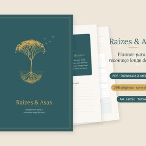 Puede incluir: Un planificador digital azul verdoso oscuro titulado Raízes & Asas con una ilustración de árbol dorada. La portada incluye el texto Raízes & Asas, Planner para o recomeço longe de casa, PDF - DOWNLOAD IMEDIATO, 286 páginas y A4 Letter Tablet.