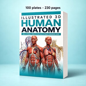May include: A softcover book titled Illustrated 3D Human Anatomy, featuring 100 plates and 230 pages. The cover displays detailed muscular and skeletal diagrams of two figures, with text indicating it is a male and female student companion guide.