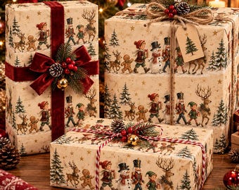 May include: Three rectangular gift boxes wrapped in cream-colored paper featuring a repeating pattern of reindeer, gingerbread men, nutcrackers, snowmen, and elves. The boxes are decorated with red velvet ribbons, twine, pine sprigs, and berries.
