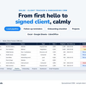 CRM-Tabellenkalkulation zur Kundenverwaltung: Lead-Pipeline, Nachfassaktionen, Onboarding-Checkliste, Projekte, Google Sheets (Digitaler Download)