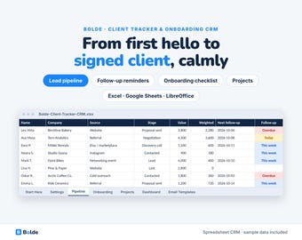 Client Tracker CRM Spreadsheet: Lead Pipeline, Follow-Ups, Onboarding Checklist, Projects, Google Sheets (Digital Download)