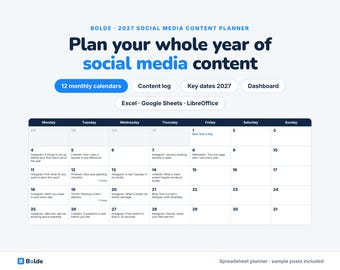 2027 Social Media Content Planner: Monthly Calendars, Content Log, Key Dates (Digital Download)