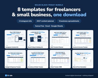 Black Friday Bundle: 8 Small Business Templates, Instagram Kits, Planner, Invoice, Budget, CRM (Digital Download)