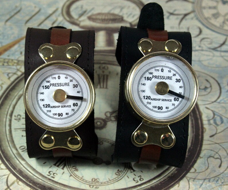 Pressure Gauge Wrist Cuff, Steampunk Wrist Cuff, Black Leather Cuff ...