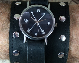 Men's watch, steampunk watch, wrist watch, leather watch band, leather cuff watch, steampunk wrist watch, watch for men, black compass face