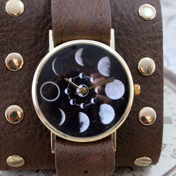 Men's watch, steampunk watch, wrist watch, leather watch band, leather cuff watch, steampunk wrist watch, watch for men, moon phases