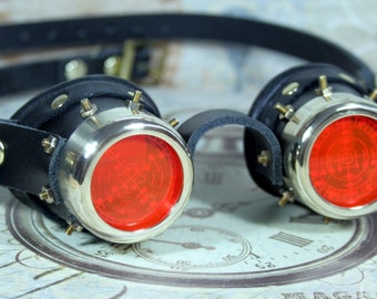 Steampunk goggles, goggles, cosplay goggles, black leather, brass, red target etched eye pieces, brass nuts
