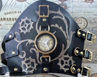 Steampunk, clock bracer, Watch bracer, watch cuff, black leather cuff