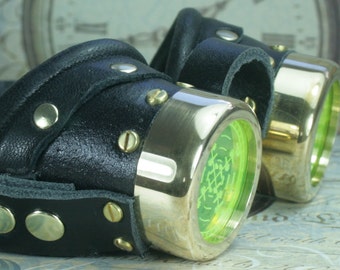 Steampunk goggles, goggles, black leather,  brass, target etched eye pieces