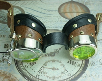 Steampunk, steampunk goggles. goggles, tan leather, brass, target etched eye pieces, two magnifying lenses