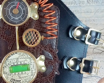 Steampunk bracer, spirit level, instruments, steampunk cuff, black, leather cuff, costume accessory, cosplay accessory, LARP