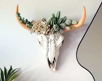 Arredamento succulento, Teschio animale, Teschio di toro, Teschio, Arredamento sud-ovest, Teschio di mucca, Arredamento cactus, Arte della parete del teschio di mucca, Arredamento teschio di mucca, Piante grasse,