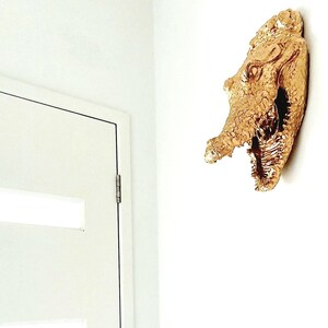 May include: A gold-coloured alligator head wall sculpture. The sculpture is mounted on a white wall and features detailed texture and an open mouth. The alligator head is a decorative piece.