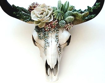 Cactus Bull Skull, Cow Skull, Southwest Decor, Wall Cow Skull, Painted Cow Skull, Succulent Wall Decor, Succulents, Resin Cow Skull, Skull,