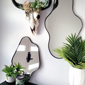 May include: A white bull skull with black horns is decorated with succulents and hangs on a white wall. Two black, wavy-shaped mirrors hang on the wall. A black shelf with a green plant, a white vase with a green plant, and two black and green containers are on the shelf.