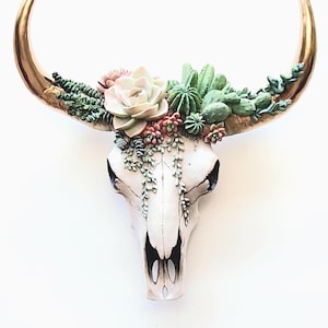 Resin Cow Skull with Succulents: Southwest Decor, Cowboy Ranch Art, Succulent Wall Art, Gold shown