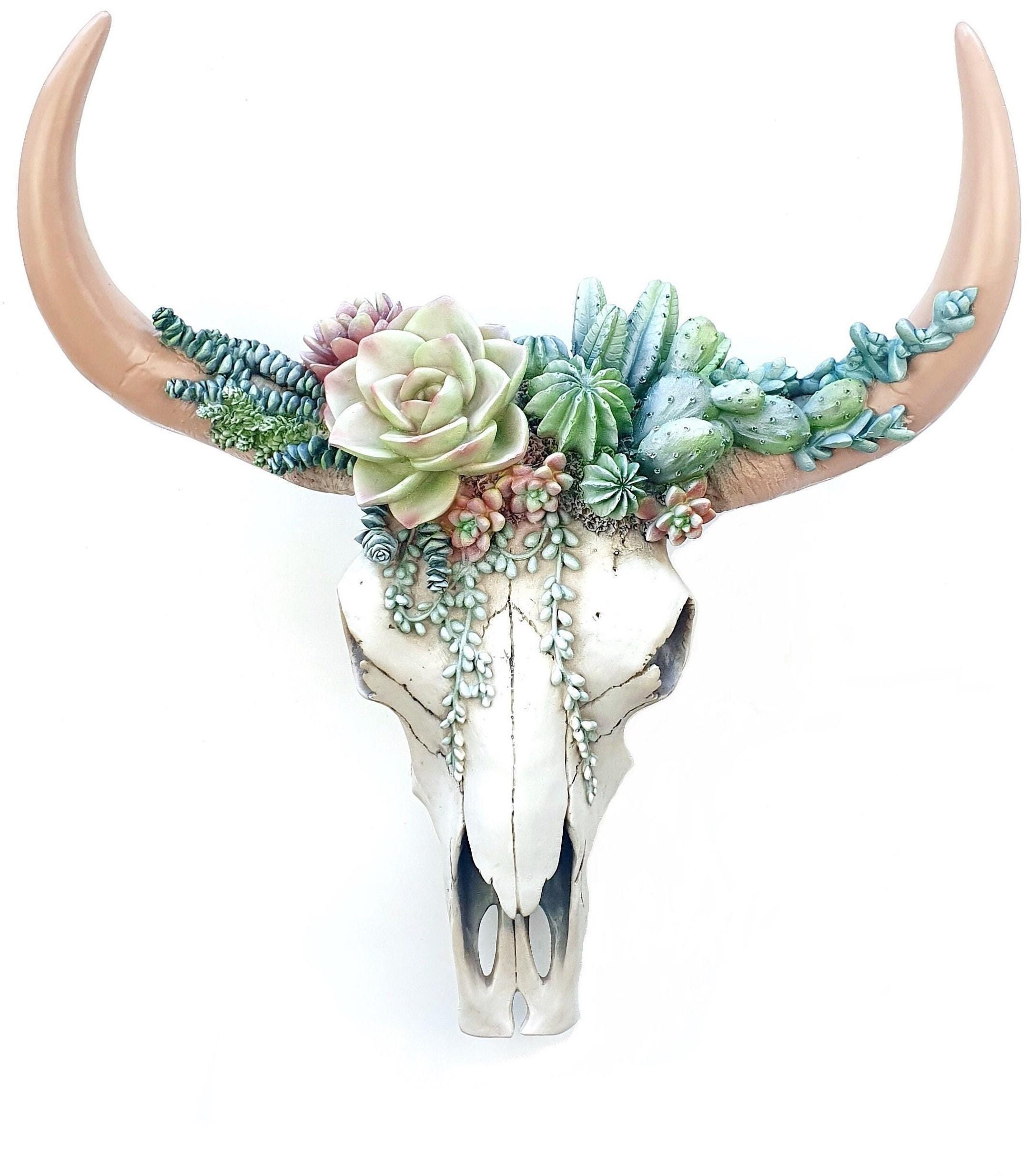 樹脂製の牛の頭蓋骨の壁飾り：南西部のサボテンと多肉植物 - Etsy 日本