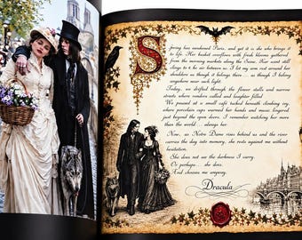 May include: An open book featuring a left page with a photograph of a couple in period clothing with a wolf and a right page with decorative borders, a large illuminated letter S, and text titled Dracula that begins with Spring has awakened Paris.