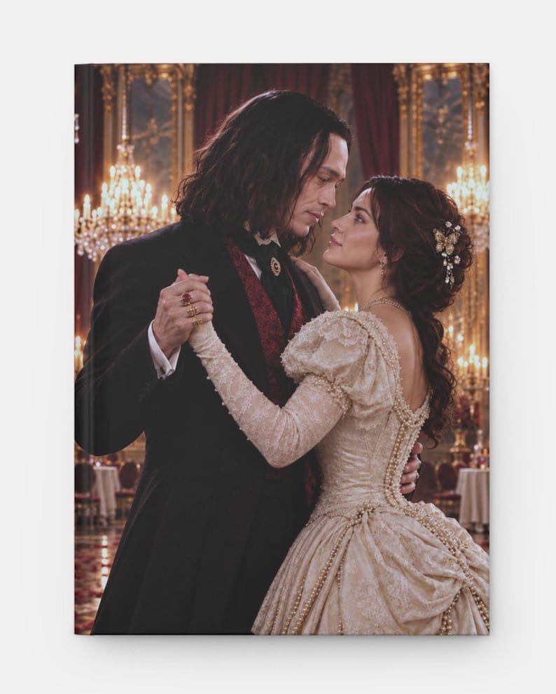 May include: A hardcover book cover featuring a scene of two individuals dancing in a ballroom. One wears a black tailcoat with a red vest, and the other wears a cream-colored lace gown with pearl accents. The background shows chandeliers.