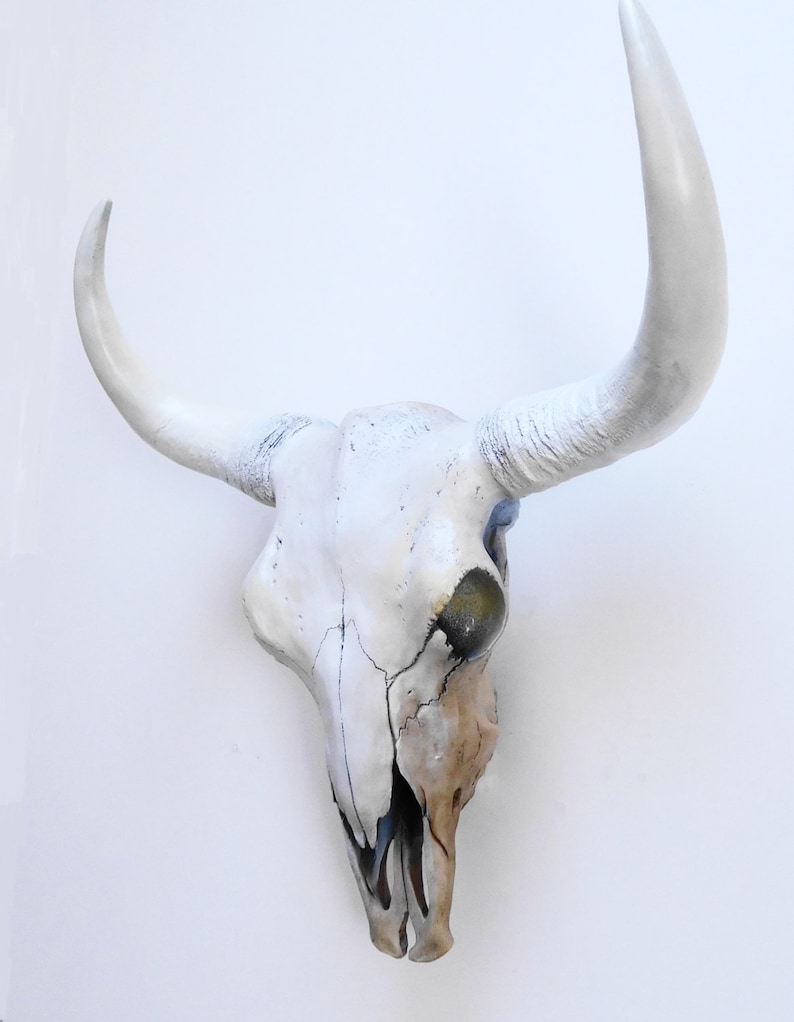 May include: A white painted bull skull with large, curved horns. The skull has visible cracks and a weathered appearance, with areas of brown and black paint. The horns are a bright white, contrasting with the skull's off-white color.