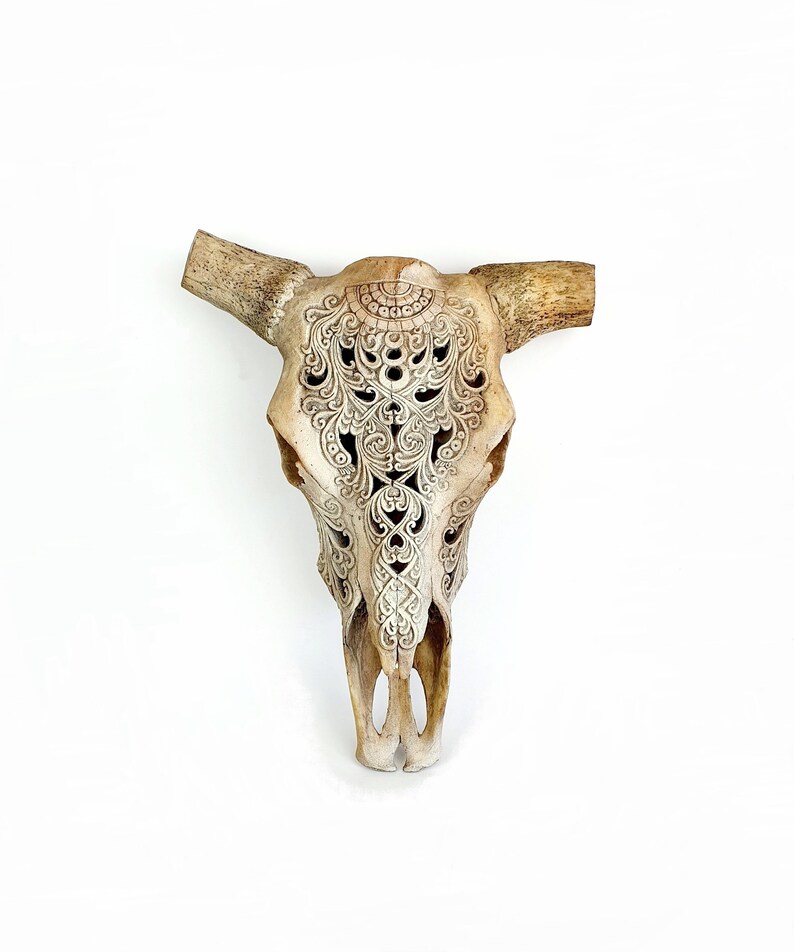 Filigree Cow Skull Engraved Wall Decor Boho Homewares Resin Faux Taxidermy