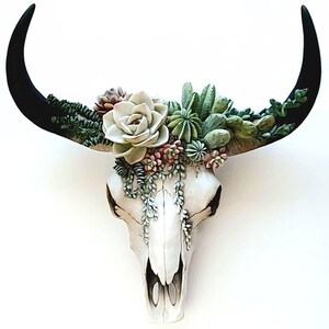 Resin Cow Skull with Succulents: Southwest Decor, Cowboy Ranch Art, Succulent Wall Art, Matte Black shown