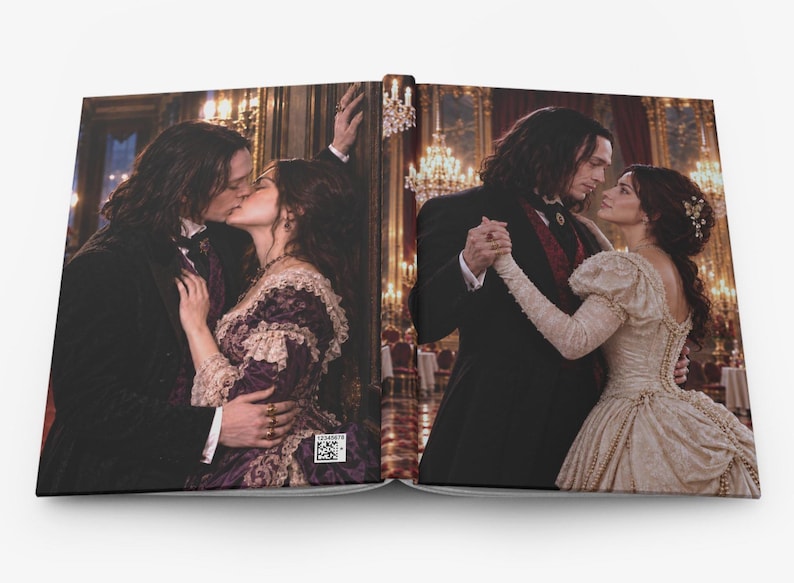 May include: An open hardcover book displaying two distinct scenes. The left side shows a couple kissing in a dark room. The right side shows the same couple dancing in a ballroom. The book cover features a small square QR code with the text 12345678.