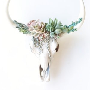 Resin Cow Skull with Succulents: Southwest Decor, Cowboy Ranch Art, Succulent Wall Art, Antique White shown