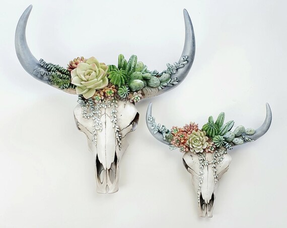 Bull Skull Wall Mounted Sculpture Succulents/Flowers Figurines Home Decor 