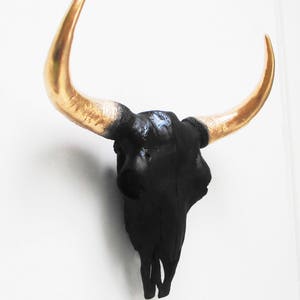May include: A black bull skull wall decor with gold-colored horns. The skull is painted black, and the horns curve upwards. This decorative piece is designed to be mounted on a wall.