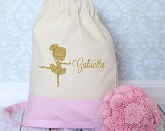 Personalized Ballet Bag Dance Bag Tote Backpack Customized for your little Ballerina to bring to Dance Class or Ballet Class Pink and Gold