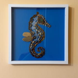 Seahorse Shell Art: Framed Beach Mosaic Shadow Box, 32x32cm Blue Coastal Wall Decor