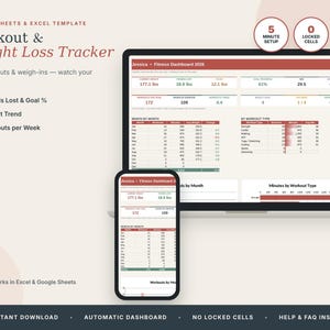 Puede incluir: Una plantilla digital de seguimiento de ejercicios y pérdida de peso para Google Sheets y Excel en una pantalla de portátil y smartphone. El panel muestra tablas de datos, gráficos y métricas en rojo y blanco para el seguimiento físico.