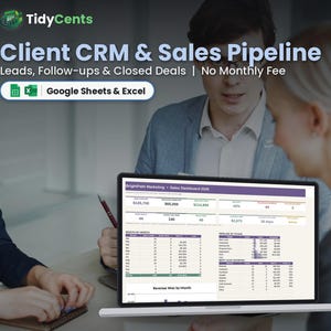 May include: A digital dashboard for Client CRM & Sales Pipeline displayed on a laptop screen. The interface shows BrightPath Marketing Sales Dashboard 2026 data, including revenue, lead counts, and pipeline stages compatible with Google Sheets & Excel.