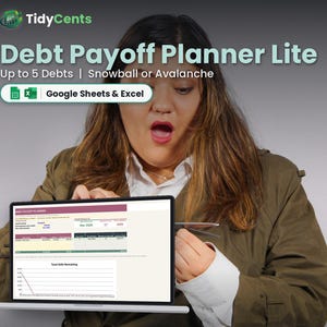 Op de afbeelding: Een digitaal Debt Payoff Planner Lite spreadsheet voor Google Sheets en Excel. De interface toont een dashboard voor schuldbeheer met een tabel voor maximaal 5 schulden, opties voor sneeuwbal- of lawinemethoden en een lijngrafiek.