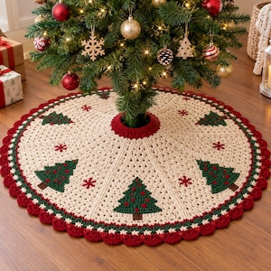 May include: A round, cream-colored crocheted Christmas tree skirt featuring a repeating pattern of green pine trees with red accents and small red snowflakes. The skirt has a dark red scalloped border and a central opening for the tree trunk.