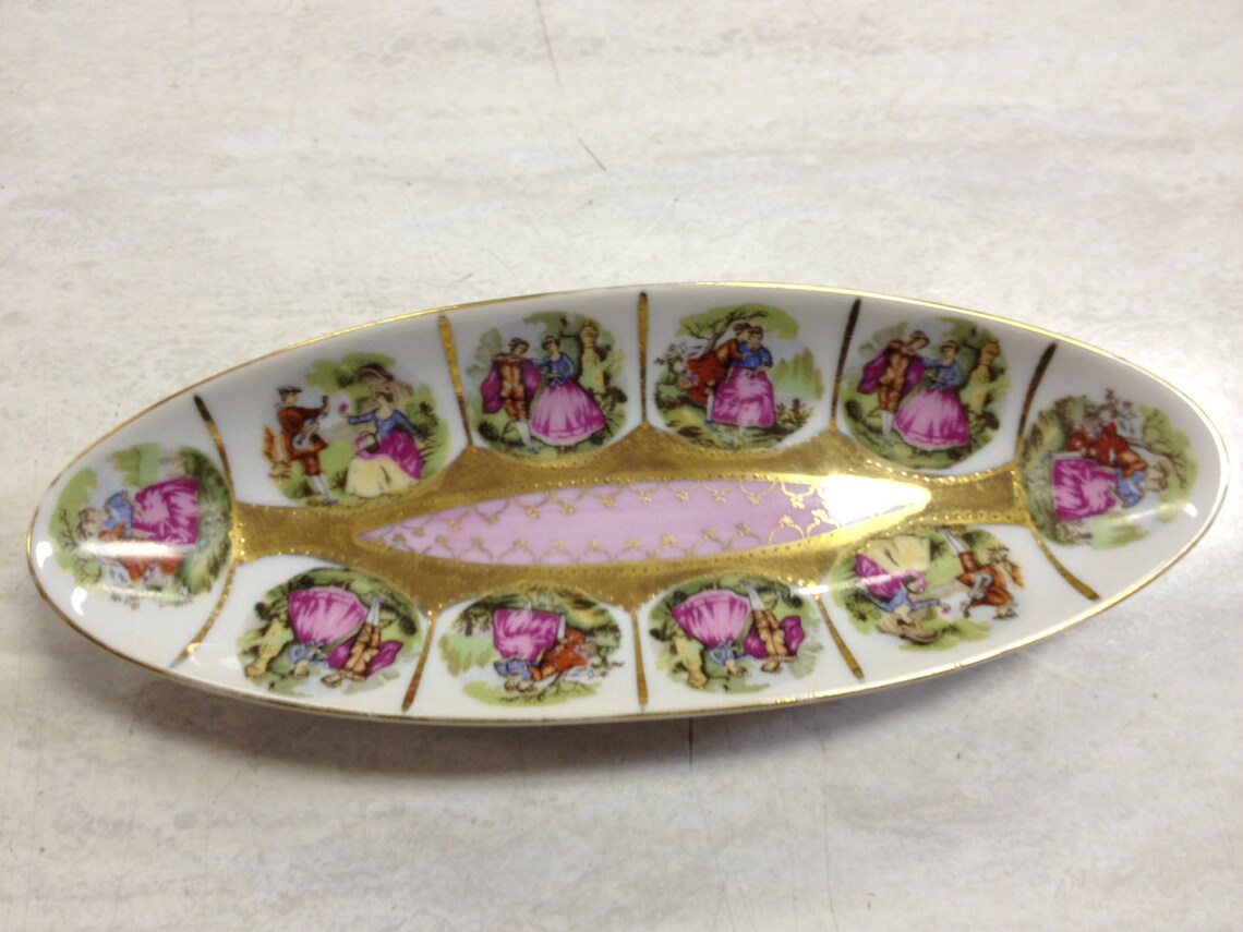 Arnart Imports Oval Dish With Romantic Scenes Pink Victorian 10" Gold