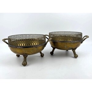 Brass Planter Jardiniere Ball Claw Feet Handles Cache Pot w/ reticulated Gallery